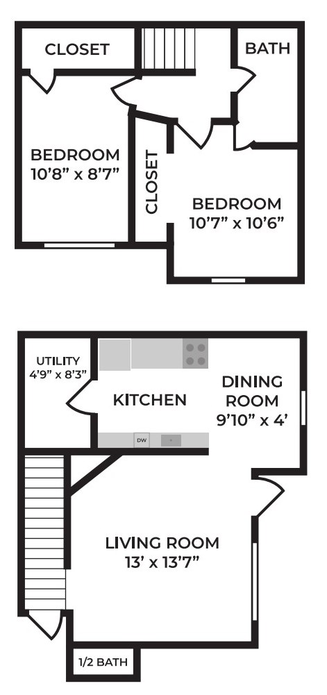 Floor plan for 2 beds, 1.5 baths, 1100 sqft